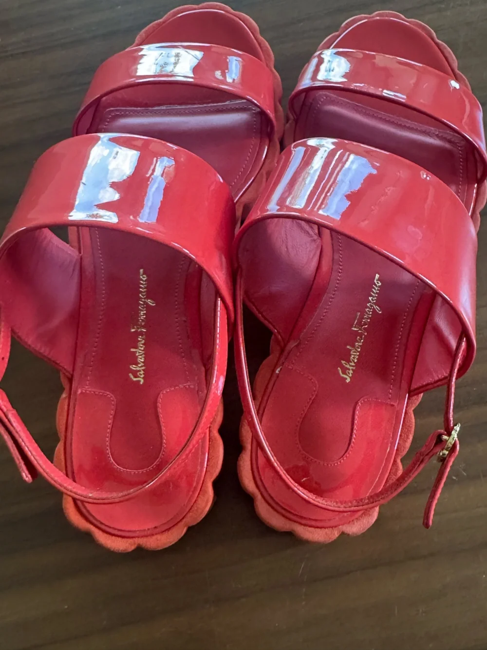 Salvatore Ferragamo Luisa Coral Patent Leather Sandals Size 8 NWOT